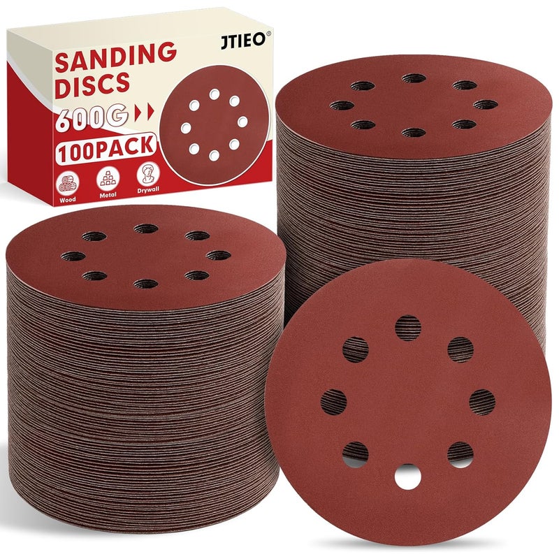 JTIEO 100PCS Sanding Discs 5 Inch, 600 Grit Orbital Sander Pads, Hook & Loop Sandpaper Pads, 8 Hole Round Sanding Discs for Random Orbital Sanders - Image 1